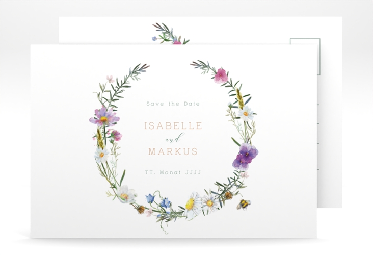 Save the Date-Postkarte Blumengarten A6 Postkarte mit Blumenkranz und Hummel