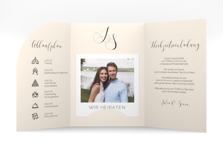 Hochzeitseinladung Eheschließung mittlere Bogen-Wickelfalzkarte beige