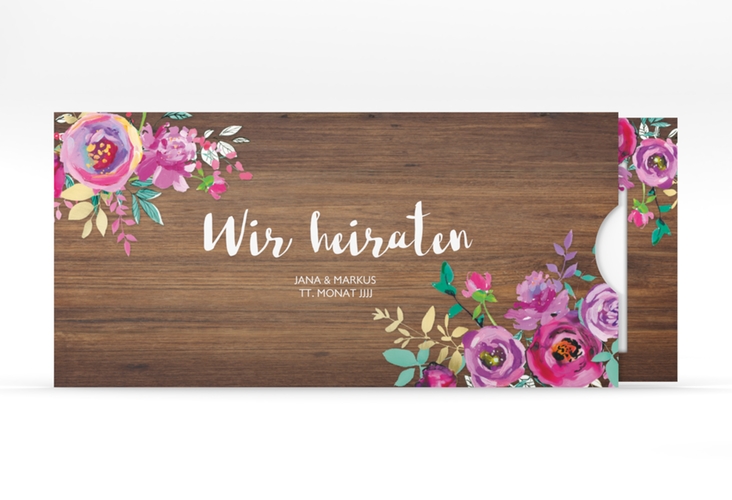 Hochzeitseinladung Flourish Einsteckkarte braun mit floraler Bauernmalerei auf Holz