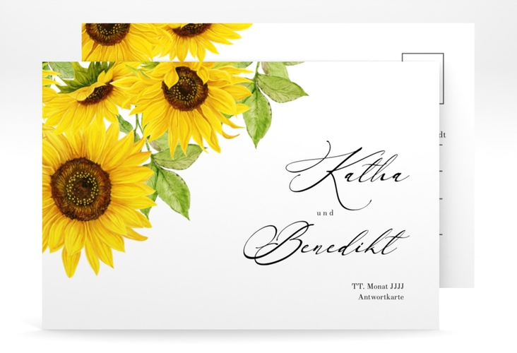Antwortkarte Hochzeit Sonnenblume A6 Postkarte weiss