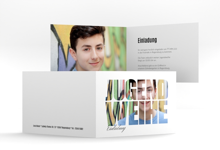 Einladung Jugendweihe Teenager A6 Klappkarte quer weiss hochglanz