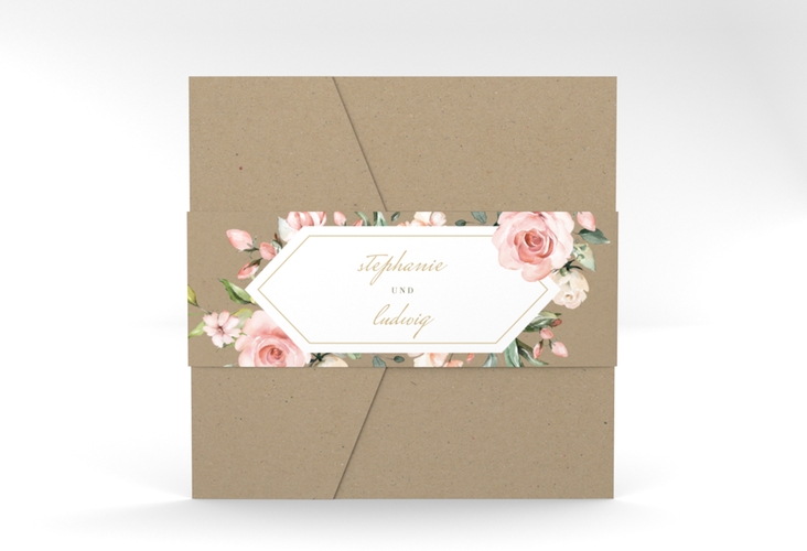 Hochzeitseinladung Graceful Pocketfold hochglanz mit Rosenblüten in Rosa und Weiß