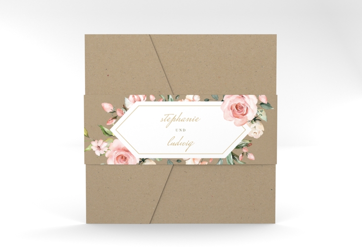 Hochzeitseinladung Graceful Pocketfold Kraftpapier mit Rosenblüten in Rosa und Weiß