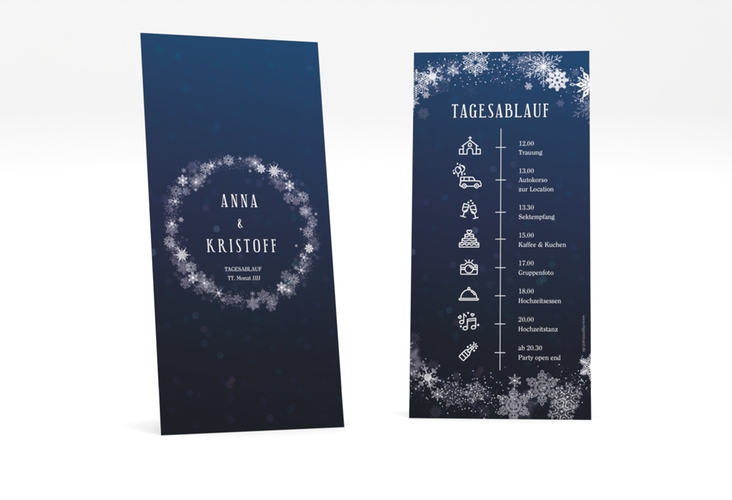 Tagesablauf Hochzeit Winterdream lange Karte hoch blau mit Eisblumen