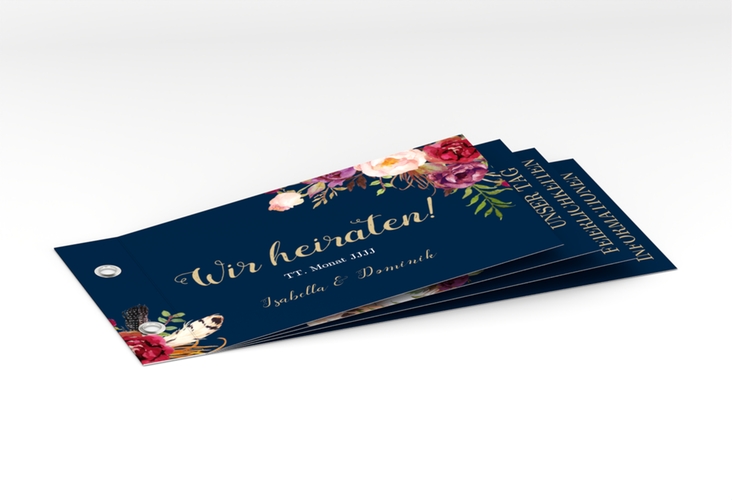Hochzeitseinladung Flowers Booklet blau hochglanz mit bunten Aquarell-Blumen