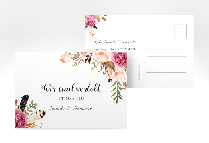 Verlobungskarte Hochzeit Flowers A6 Postkarte weiss mit bunten Aquarell-Blumen