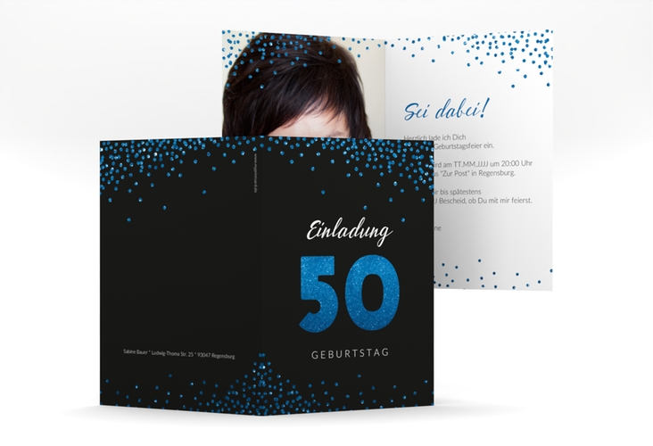 Einladung 50. Geburtstag Glitzer A6 Klappkarte hoch blau