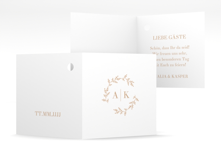 Geschenkanhänger Hochzeit Filigrana Geschenkanhänger 10er Set beige hochglanz in reduziertem Design mit Initialen und zartem Blätterkranz