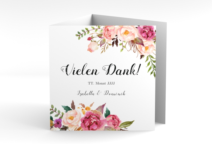 Dankeskarte Hochzeit Flowers quadr. Doppel-Klappkarte weiss mit bunten Aquarell-Blumen