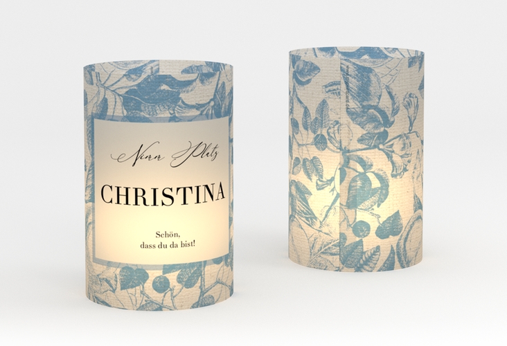 Windlicht Hochzeit Toile Windlicht blau mit Blättermuster im Toile-de-Jouy-Stil