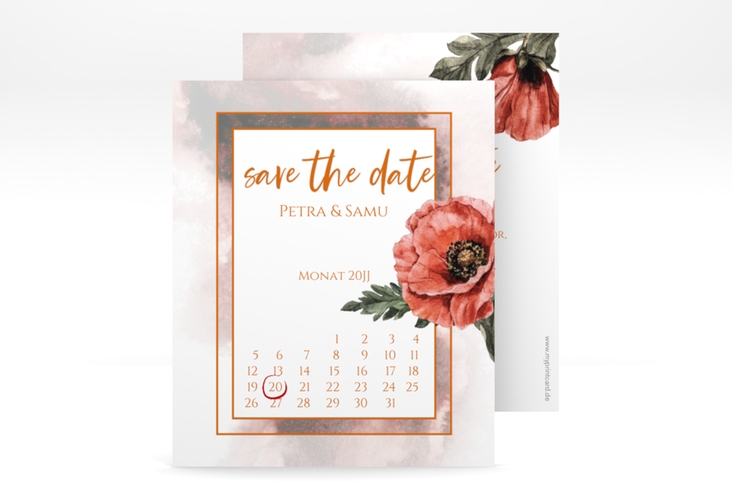 Save the Date-Kalenderblatt Sommer Kalenderblatt-Karte rot mit Mohnblumen-Aquarell