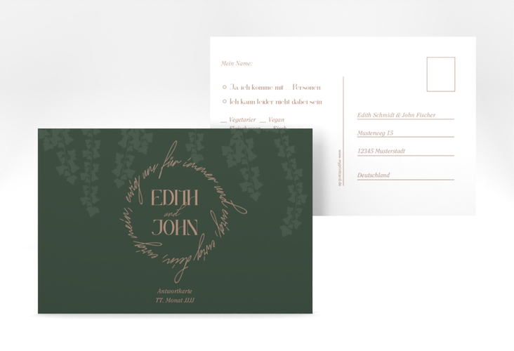 Antwortkarte Hochzeit Efeugrün A6 Postkarte im Fantasy-Elfen-Design mit Efeu