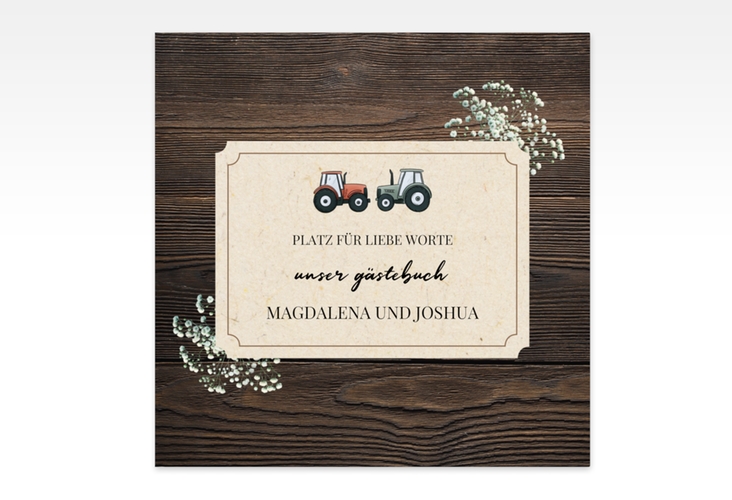 Gästebuch Creation Bauernhochzeit 20 x 20 cm, Hardcover braun in rustikaler Holz-Optik mit Schleierkraut und zwei kleinen Traktoren