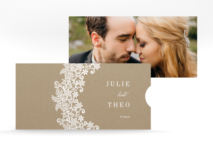 Hochzeitseinladung Mariage Einsteckkarte Kraftpapier mit Bogen aus weißer Spitze