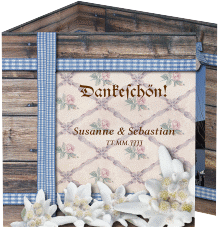 Klick: Details zu Danksagungskarte Hochzeit "Bayern" anzeigen Danksagungskarte Hochzeit Bayern quadr. Doppel-Klappkarte blau mit Edelweiß in rustikaler Holz-Optik