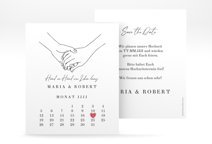 Save the Date-Kalenderblatt Hands Kalenderblatt-Karte weiss mit sich haltenden Händen im Monoline-Stil