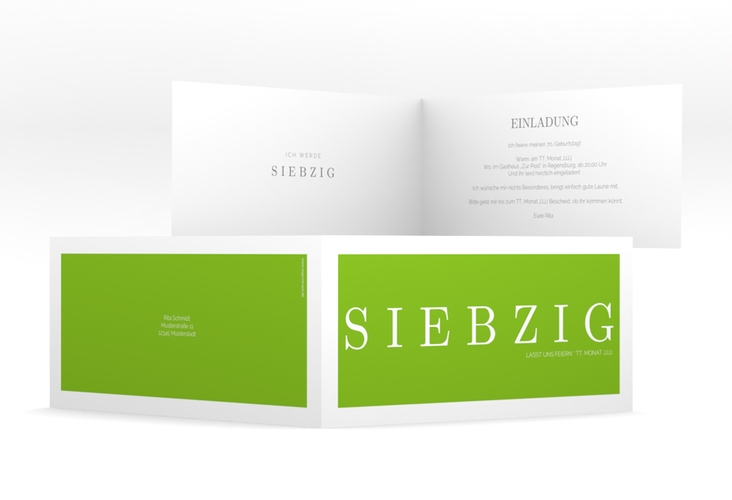 Einladung 70. Geburtstag Schlicht lange Klappkarte quer gruen hochglanz