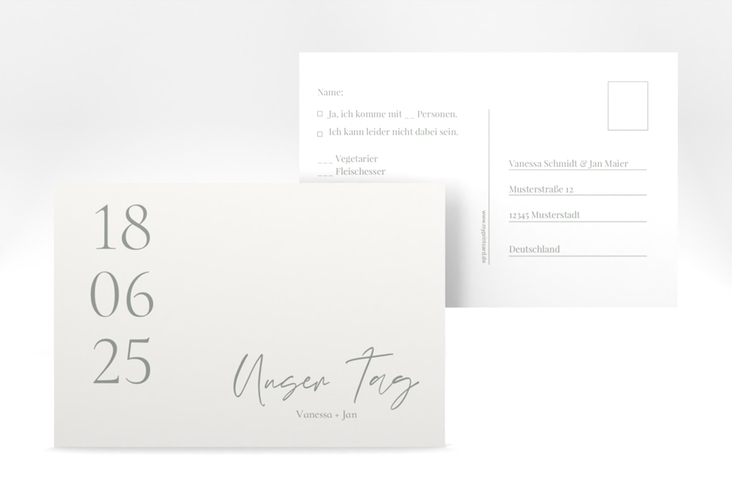Antwortkarte Hochzeit Day A6 Postkarte weiss mit Datum im minimalistischen Design