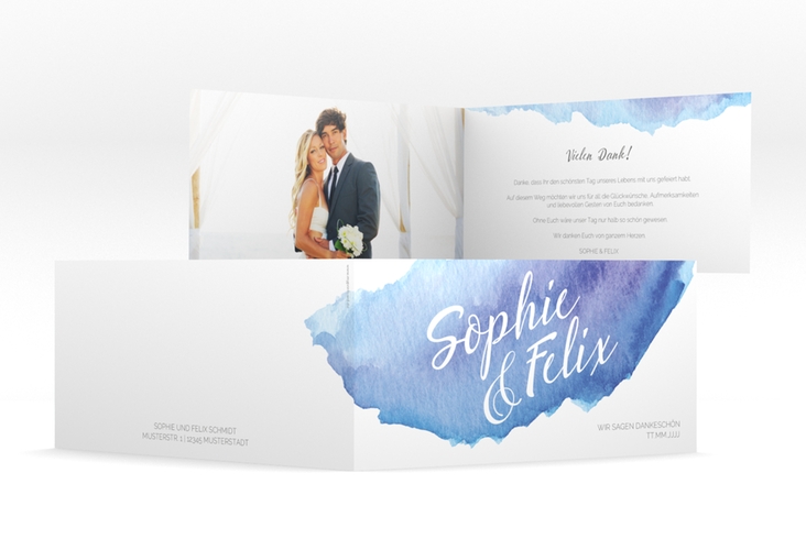 Dankeskarte Hochzeit "Aquarella" lange Klappkarte quer blau hochglanz