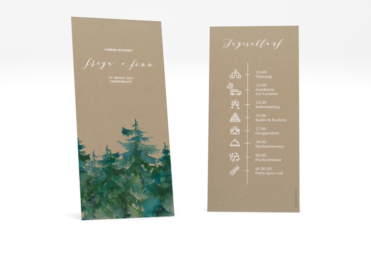 Tagesablauf Hochzeit Evergreen lange Karte hoch Kraftpapier