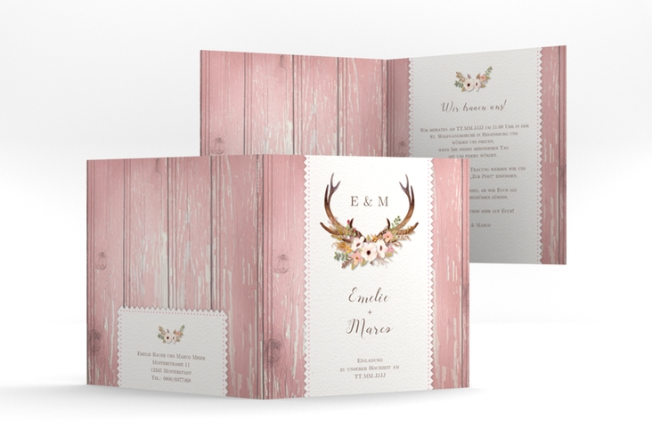 Hochzeitseinladung Heimatjuwel quadr. Klappkarte rosa hochglanz mit Hirschgeweih und Holz-Hintergrund