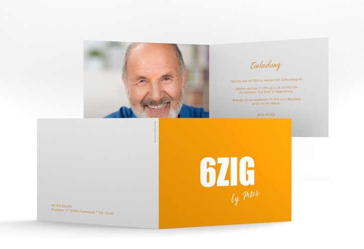 Einladung 60. Geburtstag Zig A6 Klappkarte quer orange