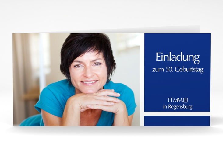 Einladung 50. Geburtstag Gerd/Gerda lange Klappkarte quer blau mit Foto