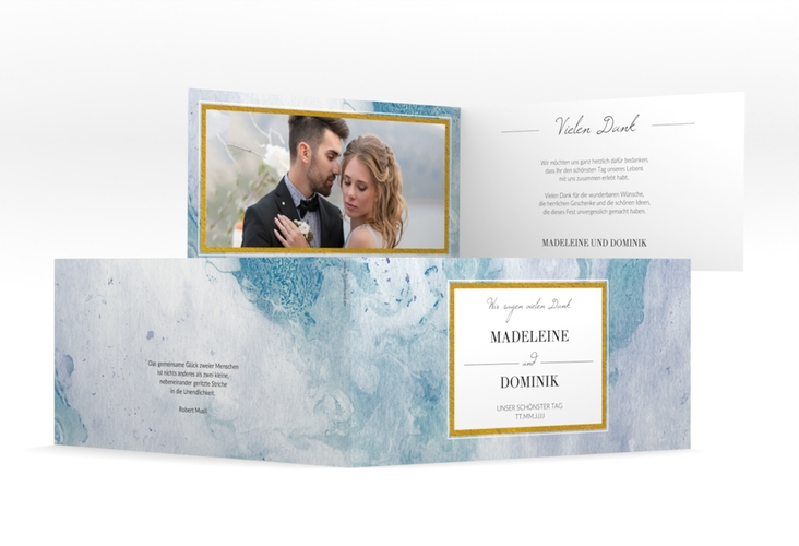 Dankeskarte Hochzeit Marble lange Klappkarte quer blau hochglanz