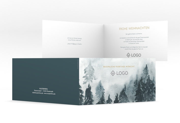 Geschäftliche Weihnachtskarte Winterland lange Klappkarte quer mit Tannenwald im Aquarell-Stil