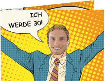 Einladung 30. Geburtstag Popart Man A6 Klappkarte quer gelb