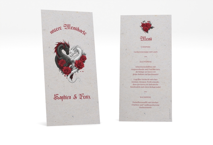 Menükarte Hochzeit Drachenliebe lange Karte hoch grau mit schwarzem und weißem Drachen zu einem Herz verschlungen