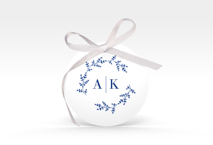 Geschenkanhänger Hochzeit Filigrana Geschenkanhänger, rund blau hochglanz in reduziertem Design mit Initialen und zartem Blätterkranz