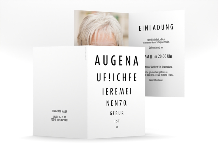 Einladung 70. Geburtstag Sehtest A6 Klappkarte hoch weiss