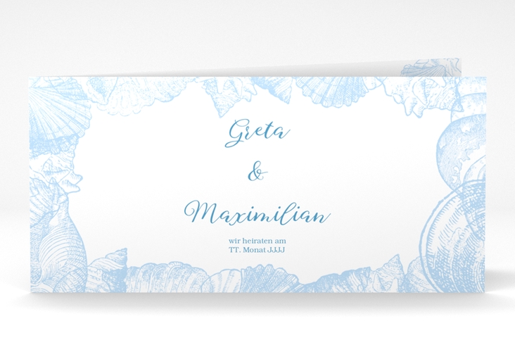 Hochzeitseinladung Muschelreich lange Klappkarte quer blau hochglanz
