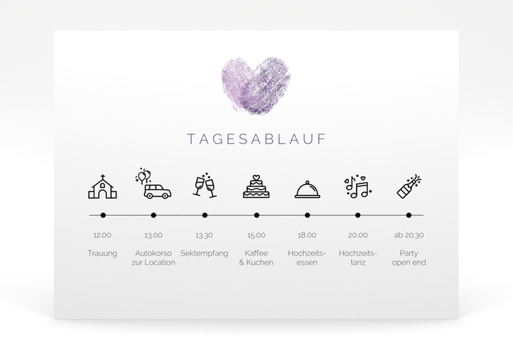 Tagesablauf Poster Hochzeit Fingerprint 70 x 50 cm Poster lila schlicht mit Fingerabdruck-Motiv