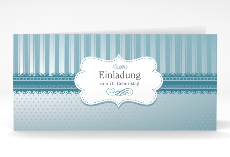 Einladung 70. Geburtstag Heinrich/Henriette lange Klappkarte quer blau mit frechen Polka Dots
