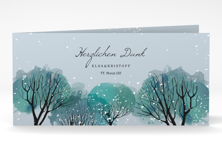 Dankeskarte Hochzeit Winterhochzeit lange Klappkarte quer blau hochglanz