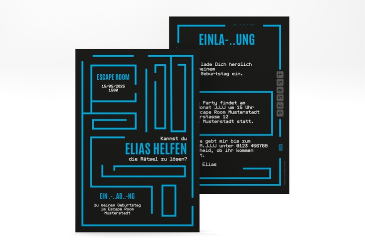 Einladungskarte Kindergeburtstag Escape Room A6 Karte hoch blau