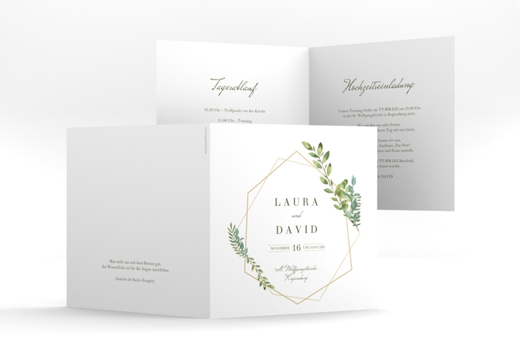 Hochzeitseinladung Herbarium quadr. Klappkarte mit geometrischem Rahmen und Blätter-Dekor