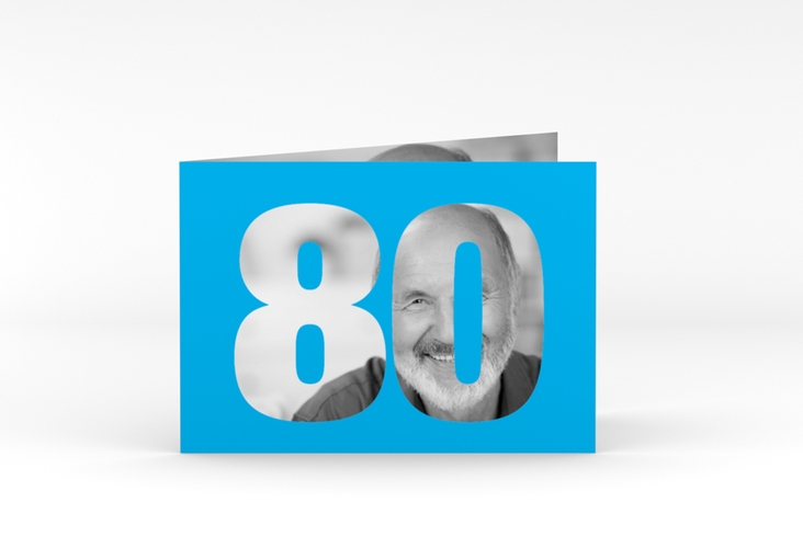 Einladung 80. Geburtstag Numbers A6 Klappkarte quer blau
