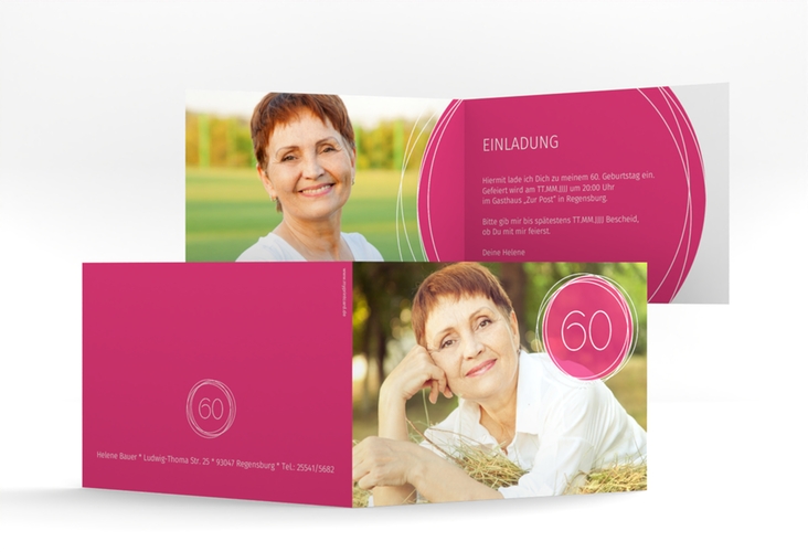 Einladung 60. Geburtstag Twister A6 Klappkarte quer pink