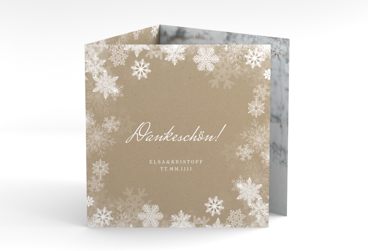 Dankeskarte Hochzeit Snowfall quadr. Doppel-Klappkarte mit Schneeflocken für Winterhochzeit