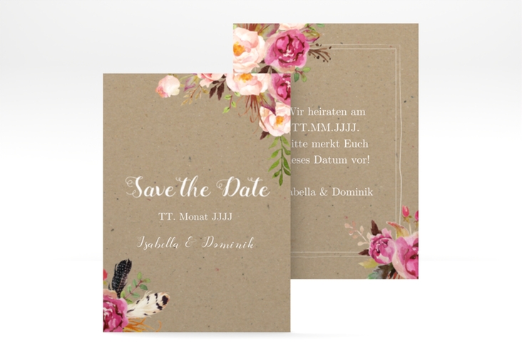 Save the Date-Visitenkarte Flowers Visitenkarte hoch Kraftpapier hochglanz mit bunten Aquarell-Blumen