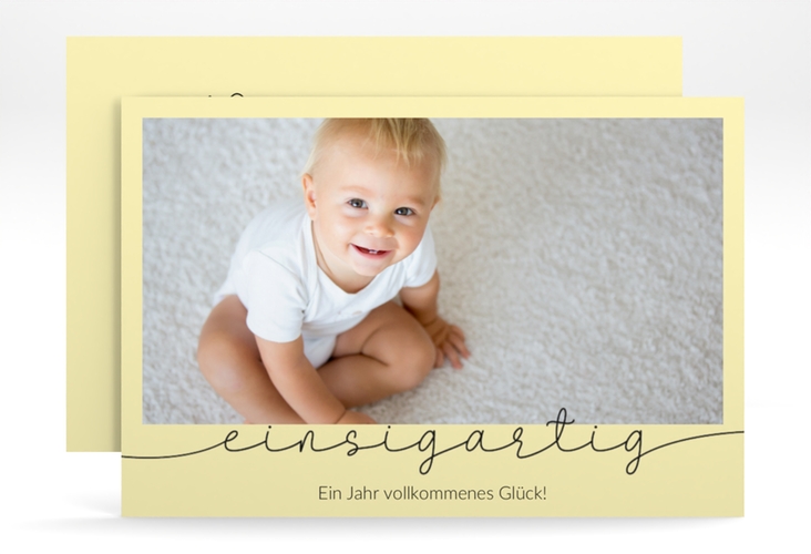 Einladungskarte Kindergeburtstag Einsigartig A6 Karte quer gelb zum ersten Geburtstag mit Kinderfoto