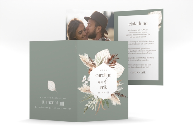 Einladungskarte Hochzeit Bohemian A6 Klappkarte hoch gruen mit Gräsern und Trockenblumen für Boho-Hochzeit