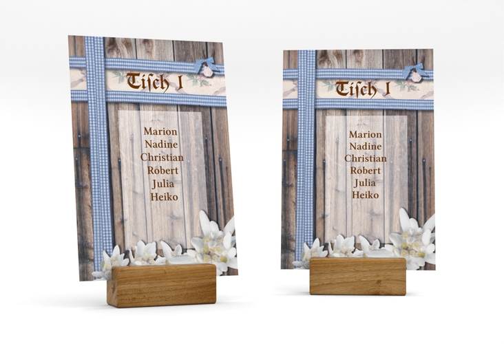 Tischaufsteller Hochzeit Bayern Tischaufsteller blau mit Edelweiß in rustikaler Holz-Optik