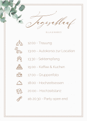 Klick: Details zu Tagesablauf Poster Hochzeit "Eucalypt" anzeigen Tagesablauf Poster Hochzeit Eucalypt 50 x 70 cm Poster weiss mit Eukalyptus und edlem Rahmen