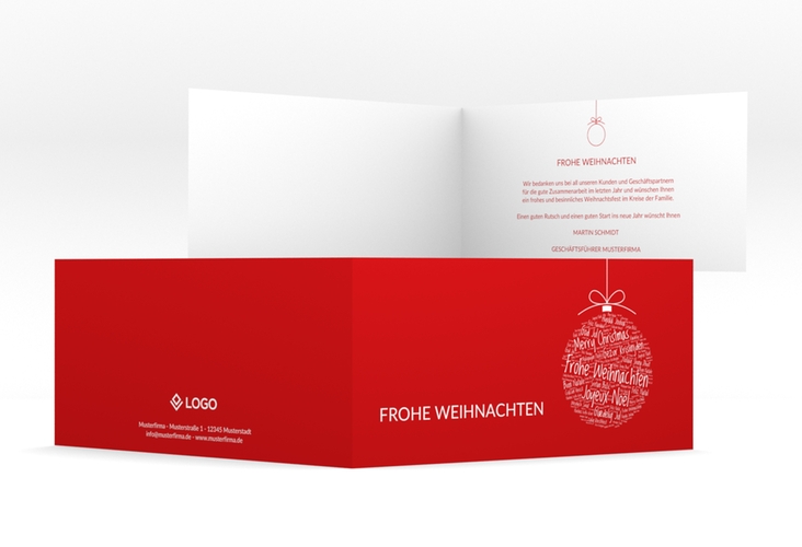 Geschäftliche Weihnachtskarte Wunderkugel lange Klappkarte quer rot schlicht mit Weihnachtskugel