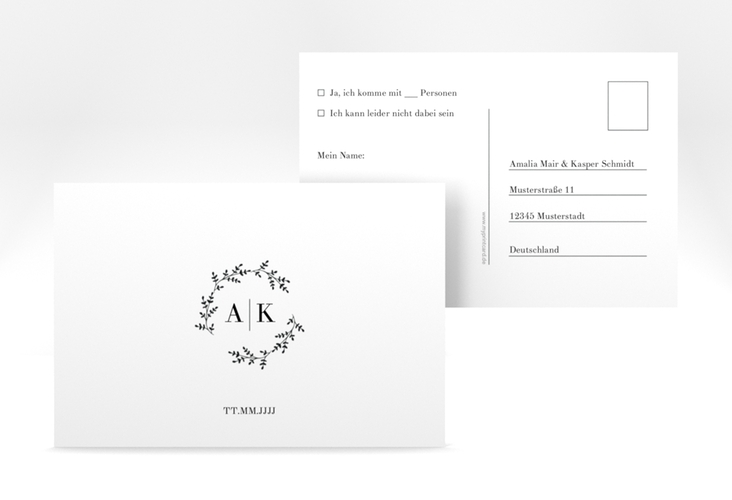 Antwortkarte Hochzeit Filigrana A6 Postkarte schwarz hochglanz in reduziertem Design mit Initialen und zartem Blätterkranz