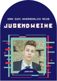 Danksagung Jugendweihe Glitch mittlere Bogen-Karte + Foto blau